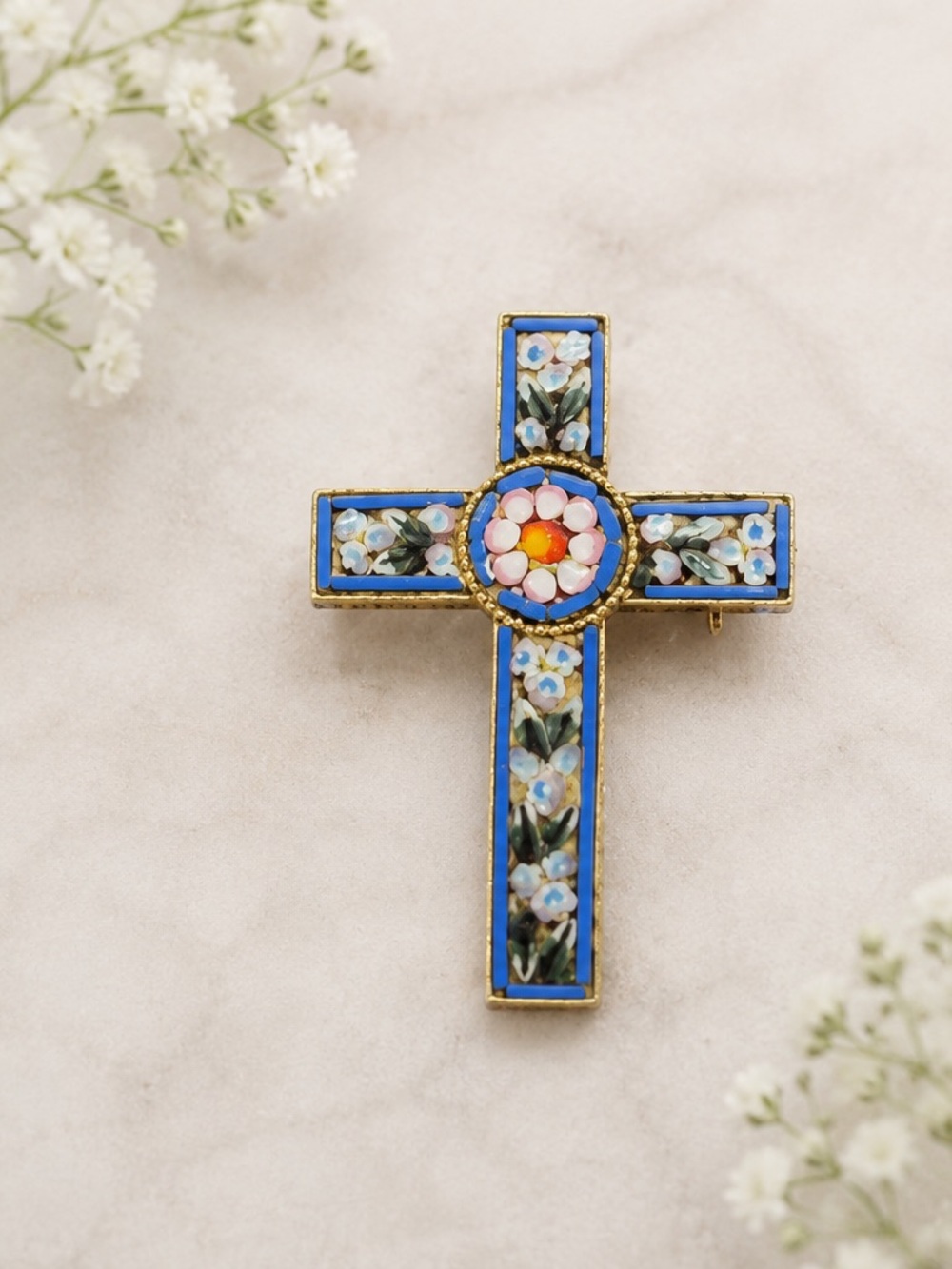 Blue Floral Mosaic Cross Brooch - Women's Accessory